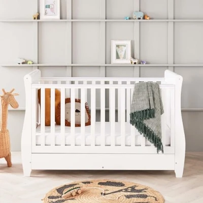 Image of Babymore Stella Sleigh Cot Bed White Drop Side Without Mattress, Baby With Teething Rail &amp; Drawer, Convertible to Toddler Sofa, 3 Adjustable Base Positions Up 5 Years