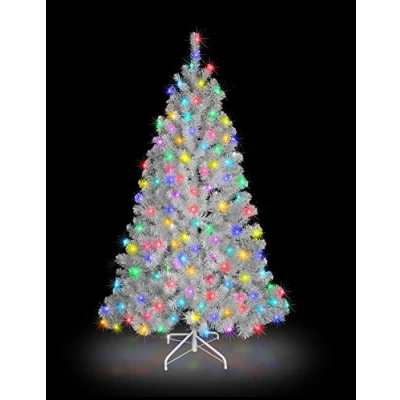 Image of SHATCHI 4Ft 12Ft Pre Lit Artificial Christmas Tree Alaskan Pine Tips Xmas Home Decorations Metal Stand Warm LEDs, White W/Multicolour, 7Ft/210CM