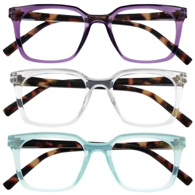Image of OPULIZE KOI Reading Glasses 3 Pack Large Rectangular Frame Purple Aqua Clear Mens Womens Spring Hinges RRR50 5CQ +2.00
