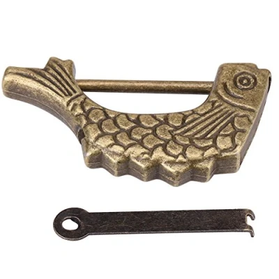 Image of Metal Fish Shaped Lock, Antique Bronze Shape Vintage Old Chinese Padlock with Key for Drawer Jewelry Box 59 x 31mm