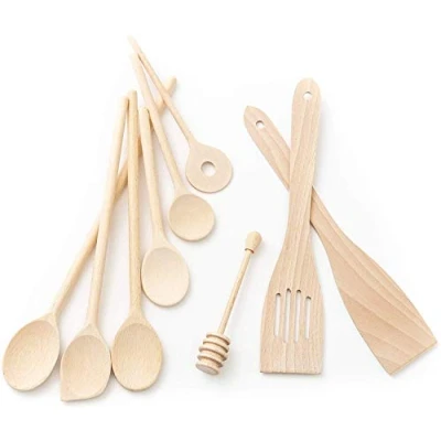 Image of tuuli Kitchen 9 Piece Wooden Cooking Utensils Set, Specially Designed Solid Beechwood Spoons, Wood Spatula and Honey Dipper, Durable for Everyday Use