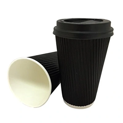 Image of 100 x 12oz Belgravia Black Triple Ripple Paper Wall Tea Coffee Cappuccino Hot Drinks Cups &amp; LIDS