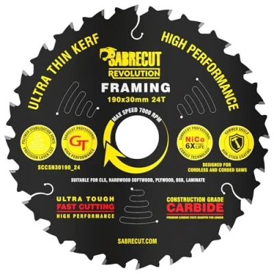Image of 1 x SCCSN30190_24 SabreCut 190mm 24T 30mm Bore High Performance Ultra Thin Kerf Wood Plywood MDF Chipboard Framing Circular Saw Blade