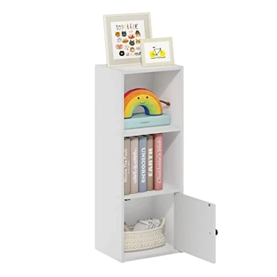 Image of Furinno Luder 3 Tier Shelf Bookcase with 1 Door Storage Cabinet, White