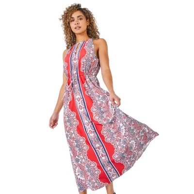 Image of Roman Women Halterneck Maxi Dress Ladies Halter Neckline Spring Everyday Summer Holiday Sleeveless Soft Tie Waist Detail Keyhole Neck Gown Vacation Frocks Coral Size 18