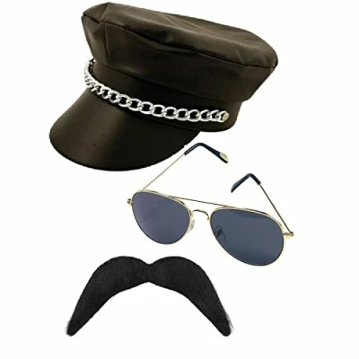 Image of jokeshop Biker 3pc Set (Hat with Chain, Moustache &amp; Glasses) YMCA Village People Gay Fancy Dress Party