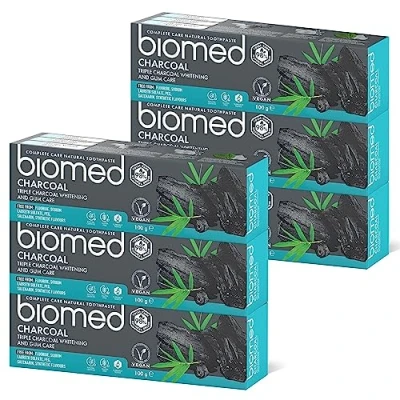 Image of Biomed Triple Charcoal 98% Natural Whitening Toothpaste Gum Care, Bamboo Vegan, SLES Free 100g (Pack of 6)