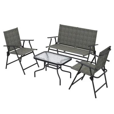 Image of Outsunny Outdoor 4 Pieces Patio Furniture Set with Breathable Mesh Fabric Seat &amp; Backrest, Garden Two Foldable Armchairs, a Loveseat Glass Top Table, Mixed Brown