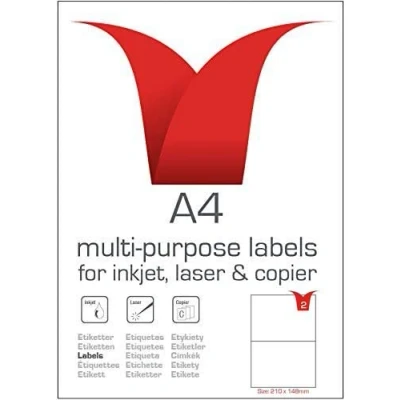 Image of Multi Purpose A4 White Self Adhesive Labels Butt Cut 210 x 148.5mm 2 per Sheet 100 Sheets box/200 Pack