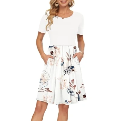 Image of AUSELILY Womens Summer Dress Casual Bodycon Short Sleeve Pleated Loose Swing with Pockets Knee Length Floral White 2XL