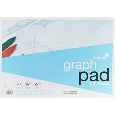 Image of Silvine A3 Graph Pad. 50 Sheets of Quality 90gsm Paper, Printed 1 5 10mm Graph. Ref A3GP,Blue