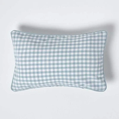 Image of HOMESCAPES 100% Cotton Gingham Check Cushion Cover 30 x 50 cm Rectangular 12 20 Inches Blue White Sofa Pillow Washable