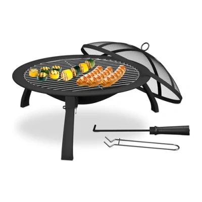 Image of Relaxdays Fire Pit, Bowl Ø 51 cm, Folding Legs, with Grill, Spark Guard &amp; Poker, Outdoor Basket Barbecue, Camping, Black, Steel, Plastic