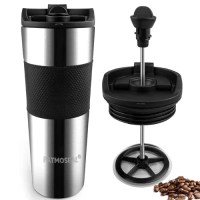 Image of PATMOSEAL Vacuum Insulated Travel Mug with French Press Lid Leakproof, Portable Coffee Maker Cafetiere 3 Cups for Traveling 450ml/15oz (Silver)