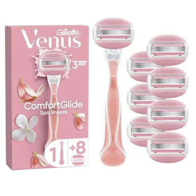 Image of Gillette Venus Comfortglide Spa Breeze Women&#039;s Razor + 8 2 in 1 Blade Refills, Lubrastrip with A Touch of Botanical Oils