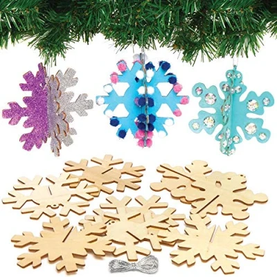 Image of Baker Ross AX403 Snowflake Wooden 3D Decorations Pack of 6, Christmas for Kids to Decorate and Display, Ideal Arts Crafts Project