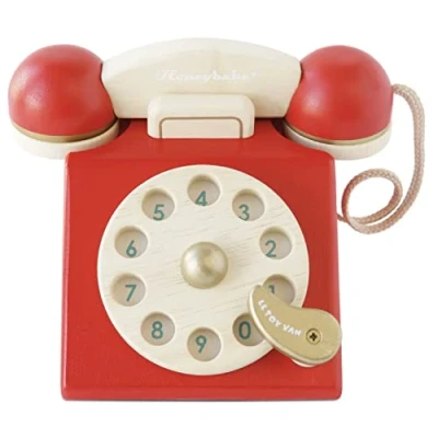 Image of Le Toy Van Vintage Wooden Phone Role Play Boys Or Girls Pretend Food Playset For Ages 3+, Red