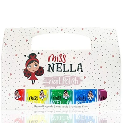 Image of Miss Nella RAINBOW 5 Varnish set Strawberry Cream red, Sun Kissed yellow, Kiss The Frog green, Under Sea blue, Little Poppet purple, Peel Off kids Nail Polish