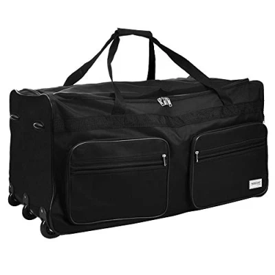 Image of MONZANA® Travel Duffel Bag 85L 2 Smooth Running Wheels 3 Outer Pockets Lightweight Foldable Gym Sports Holdall Large Hand Luggage Black