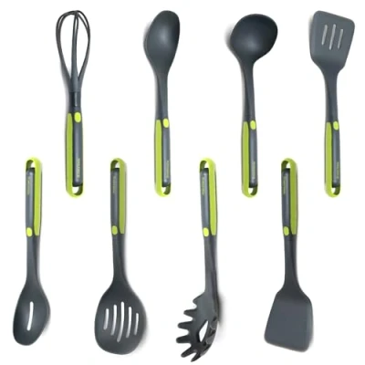 Image of Royalford 8 PC Nylon Kitchen Utensil Set for Cooking Skimmer, Spaghetti Server, Serving Spoon, Slotted Turner, Soup Ladle &amp; Egg Whisk Safe Non Stick Cookware, Green