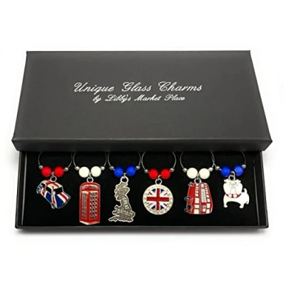 Image of Libby&#039;s Market Place Colourful Great Britain British Wine Glass Charms with Gift Box