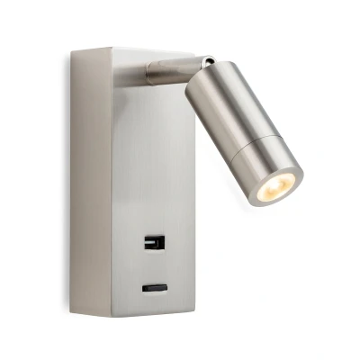 Image of Clifton LED Wall Reading Light &amp; USB Port Brushed Steel
