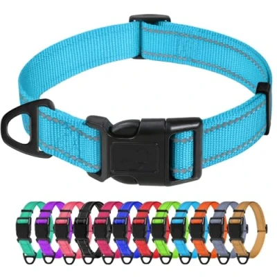 Image of TagMe Reflective Nylon Dog Collars, Adjustable Classic Collar with Quick Release Buckle for Medium Dogs, SkyBlue, 2.5 cm Width