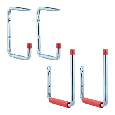 Image of Relaxdays Garage Wall Hooks Set of 4, in 2 Sizes, up to 15 kg, for Tools, Workshop or Cellar, Steel, Foam, Silver Red