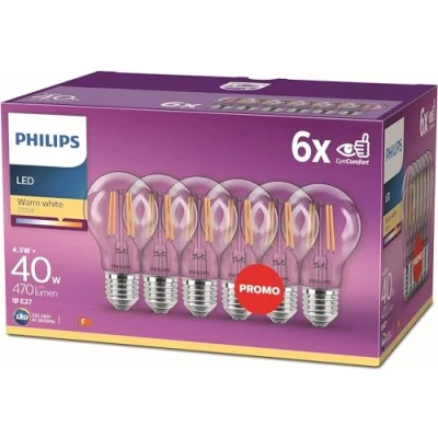 Image of Philips LED Premium Classic Filament A60 Light Bulb 6 Pack [E27 Edison Screw] 4.3W 40W Equivalent, Warm White (2700K)