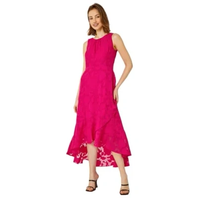 Image of Roman Sleeveless Jacquard Dipped Hem Midi Dress for Women UK Ladies Spring Everyday Summer Holiday Round Neckline Comfy Frill Detail Soft Frock Dinner Date Gowns Cerise Size 10