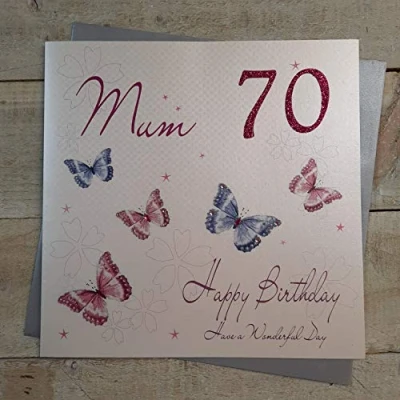 Image of WHITE COTTON CARDS 70 Happy, Handmade Large Birthday Card (Mum, Butterflies)