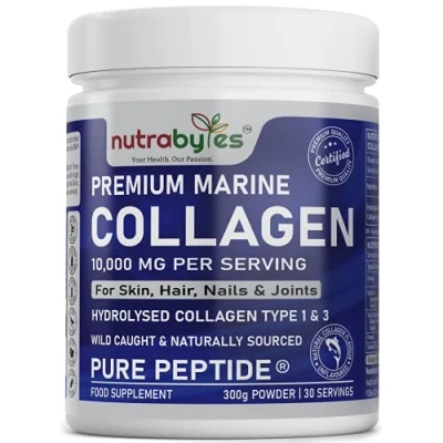 Image of Nutrabytes Marine Collagen Powder 10000mg Type 1 &amp; 3 Unflavoured 330g Hydrolysed Peptides for Women Men 19 Amino Acids Kosher and Halal Certified Healthy Skin Hair Nails Joints Gut