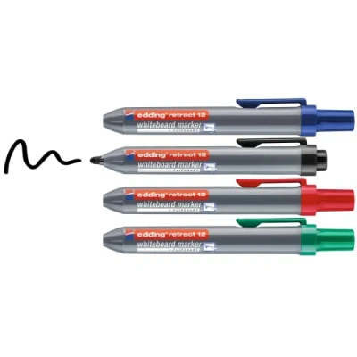 Image of edding 12 Retract whiteboard marker black, red, blue, green set of 4 round nib 1.5 3 mm capless design for one handed use on whiteboards, flipcharts, magnetic boards, pinboards, memo boards