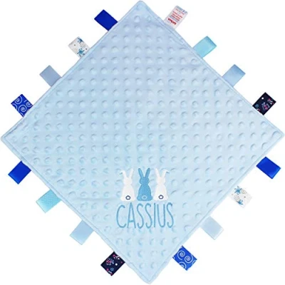 Image of Personalised Blue Bunnies Taggy Blanket Ribbon Comforter (Ribbon Comforter)