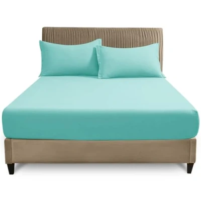 Image of Easy Care Fitted Sheets Super King, Poly Cotton Corner Elastic Bed Sheet, Luxury Bedding &amp; Linen, Aqua