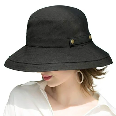 Image of SOMALER Womens Cotton Wide Brim Sun Hats UPF50+ UV Packable Beach Hat Summer Bucket Cap for Travel, Button Decoration black, One Size