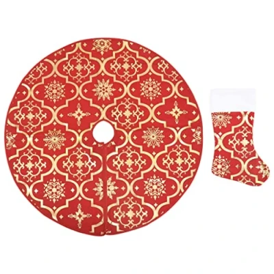 Image of &quot;vidaXL Luxury Christmas Tree Skirt with Sock Red Fabric, Snow Pattern, Easy Fold, 122 cm Durable Polyester&quot;