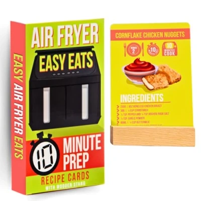 Image of Boxer Gifts Easy Eats Cards 52 Delicious and Quick 10 Minute Prep Air Fryer Recipes for Beginners Cookbook in Card Format with Wooden Stand, Cardboard