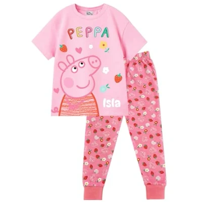 Image of Peppa Pig Girls Personalised Pyjamas Strawberry PJs Nightwear (Personalised Strawberry, 18 24 Months)