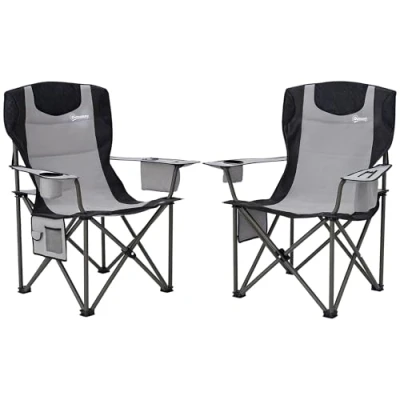 Image of Outsunny Set of 2 Folding Camping Chairs, Padded Chairs with Adjustable Armrests, Portable &amp; Lightweight Camp Chair Cooler Bag, Cup Holder and Side Pockets, Grey