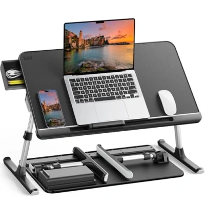 Image of SAIJI Laptop Bed Tray Table, Adjustable PVC Leather Portable Standing Desk with Storage Drawer, Foldable Lap Tablet Table for Sofa Couch Floor (Dark Black)