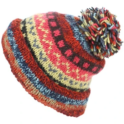 Image of LOUDelephant Chunky Wool Knit Abstract Pattern Beanie Bobble Hat Red