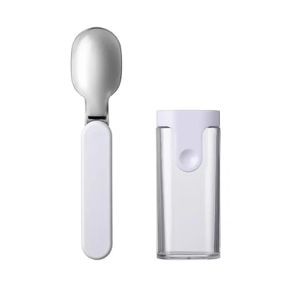 Image of Mepal Folding Spoon Ellipse Reusable To Go Foldable For Yoghurt Cup Cutlery Travel Including Storage Case Stainless Steel White