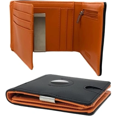 Image of MOIRENTO, Airtag Wallet, Slim, Real Leather, RFID Blocking Smart Trifold Bifold, Credit Card Holder, Money Clip, Apple Air Tag, with Coin Pocket Tag. Orange Black UK