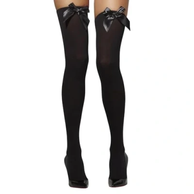 Image of Smiffys Opaque Hold Ups, Black with Bows, Fever Hosiery Fancy Dress, Dress Up Accessories