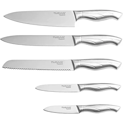 Image of nuovva Sharp Kitchen Knife Set Professional Knives 5 Pieces Stainless Steel Blades with Gift Box Includes Chefs, Bread, Carving, Utility and Paring