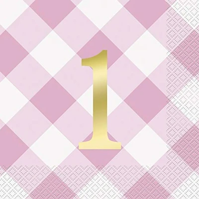 Image of Pink Gingham 1st Birthday Luncheon Napkins (8cm x 18cm) Deluxe Foil Stamped Design Perfect for Celebrating Your Little One&#039;s Special Day 16ct