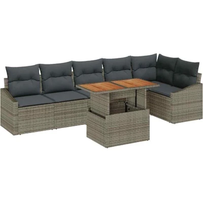 Image of vidaXL 7 Piece Garden Dining Set with Cushions Grey Poly Rattan Acacia