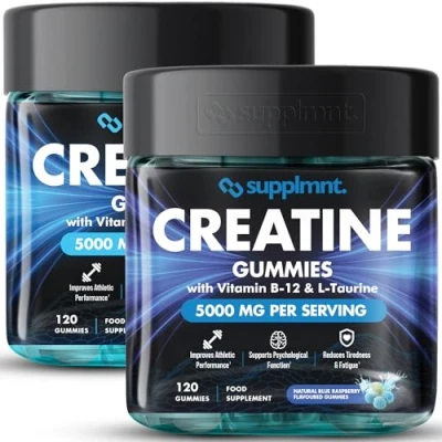 Image of Creatine 120 Gummies Max 5000mg for Men &amp; Women Monohydrate Plus B12 and L Taurine Chewable Gummies, 2 x 1 Month Supply (Dual, Blueberry Blue Raspberry)