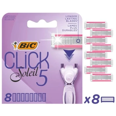 Image of Bic Click 5 Soleil Women&#039;s Razor Refills, 3 Moveable Blades and Lubricating Strip Box of 8 Cartridges, Purple, Count (Pack 1)